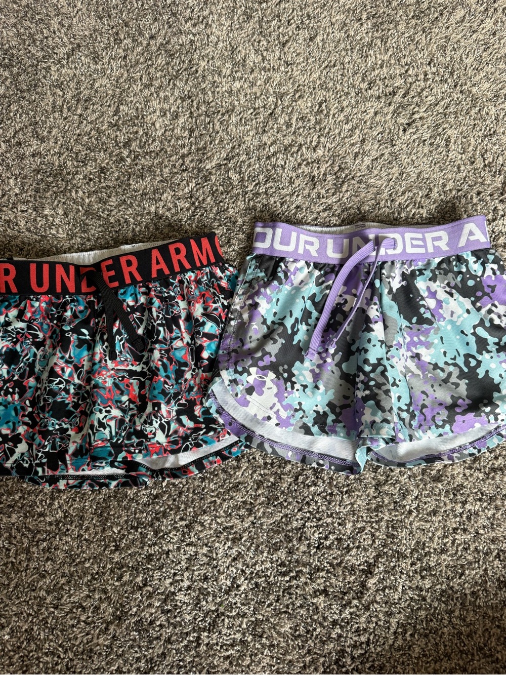 Under Armour Girls' Teal & Purple Camo Athletic Shorts (Pair) Size YXS and YSm